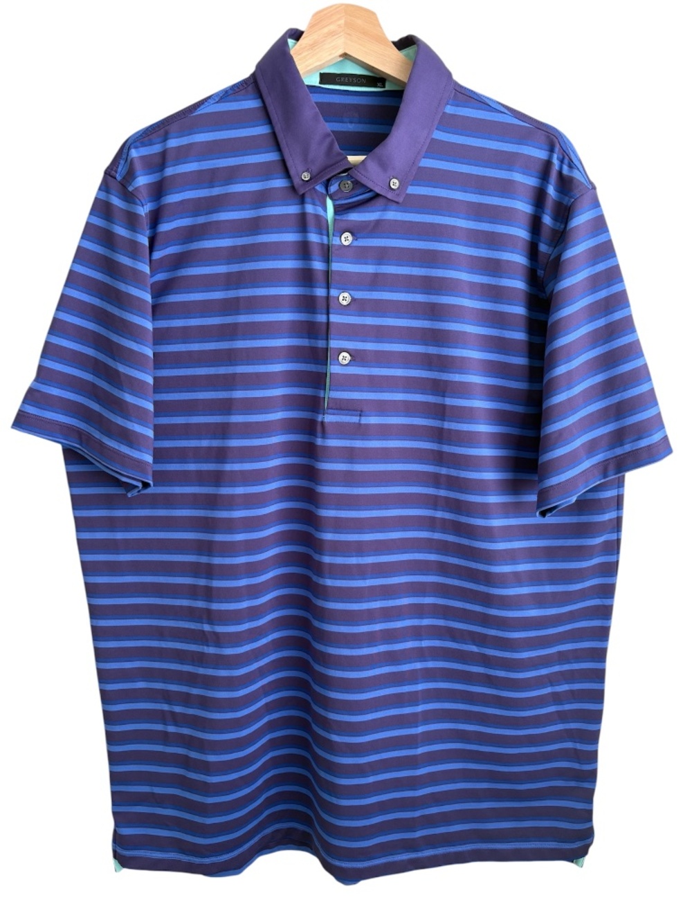 Greyson Men's Performance Striped Polo Golf Shirt Size XL Blue Purple Logo